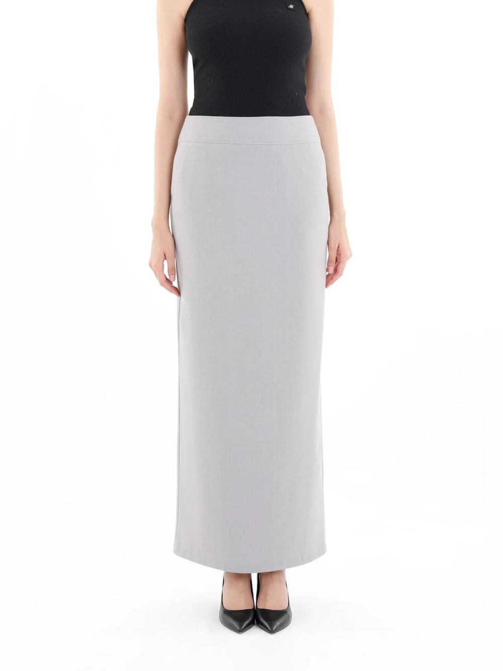 Vintage Sleek Light Gray Maxi Pencil Column Skirt Back Slit